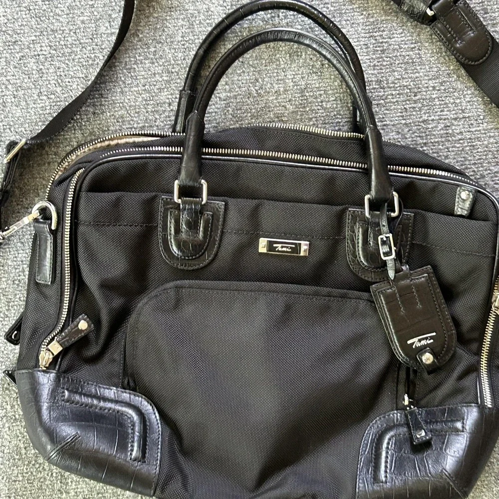 TUMI Black Ballistic Nylon Croc Embossed Leather Laptop Briefcase Bag